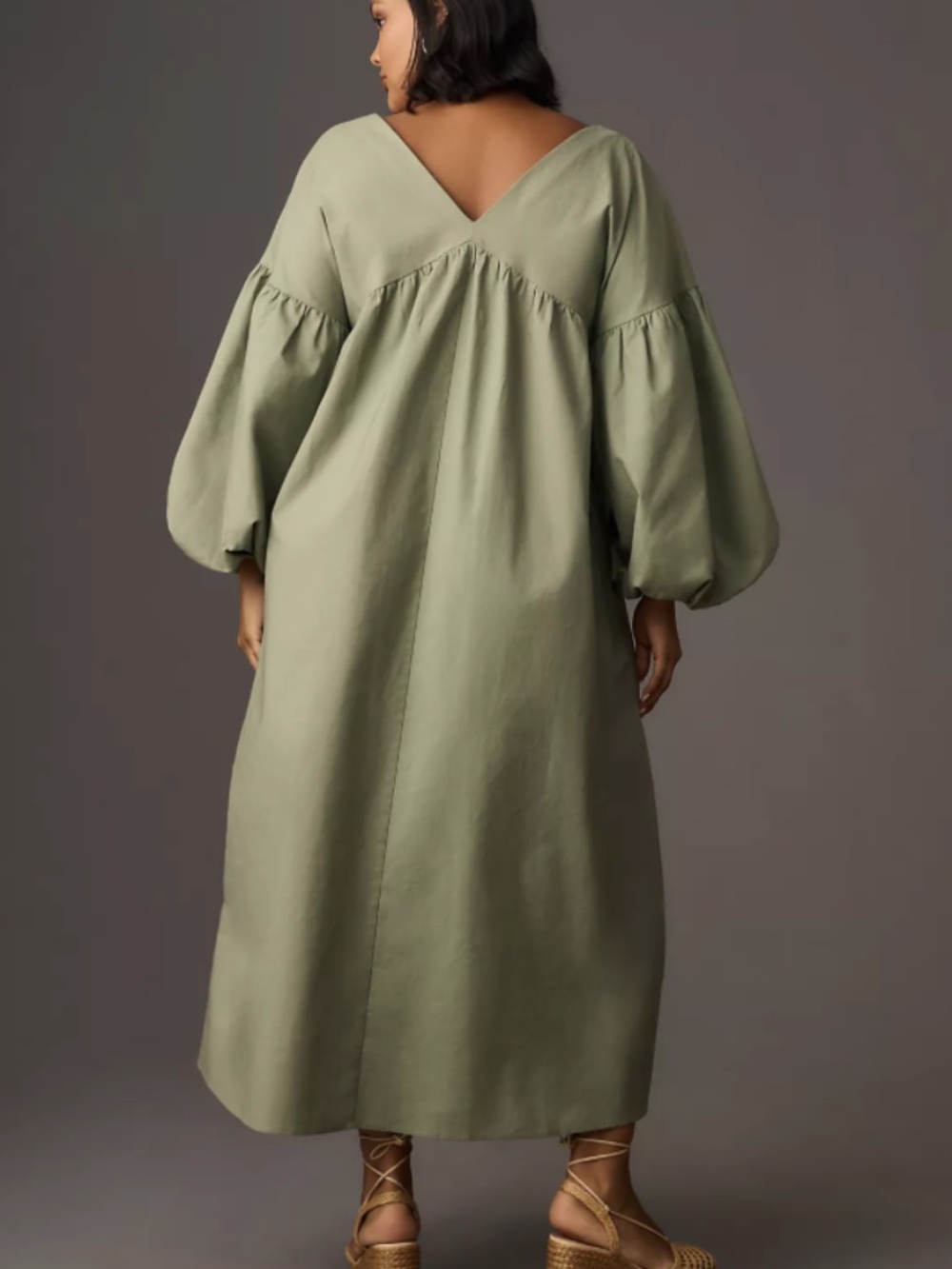 Anthropologie Mare Mare Linen Blend Bubble Sleeve Lace Up Midi Dress 1X - Picture 2 of 7